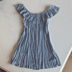 American Eagle Outfitters Blue and White Striped Off-Shoulder Button Dress